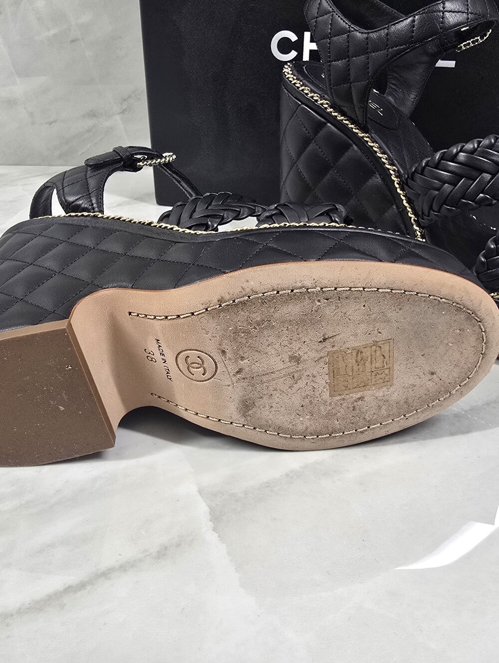 Chanel Black Quilted Braided Leather Platform Sandals - Picture 10 of 13